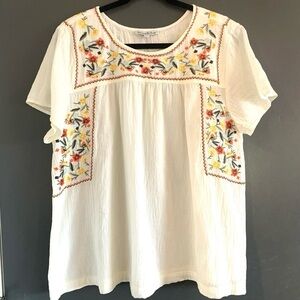 See and Be Seen Women’s Boho Embroidered Peasant Top Ivory & Floral Size L